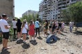 ODESSA, UKRAINE - June 10, 2023: War Ukraine and Russia. A shell flew into courtyard of building. Damaged facade, broken windows