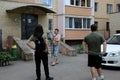 ODESSA, UKRAINE - June 10, 2023: War between Ukraine and Russia. Shell flew into courtyard of the house. Damaged facade, broken