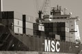 Odessa, Ukraine-202: Logistics terminal sends import-export cargo containers to cargo ship in seaport. Industrial landscape with Royalty Free Stock Photo