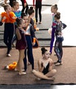 ODESSA, UKRAINE -MAR 5, 2023: Children\'s cheerleading championship. Young cheerleaders spectators and their parents