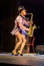 ODESSA, UKRAINE - MARCH 17, 2019: Bright music show FREEDOM JAZZ. Beautiful female jazz band on stage in a bright musical jazz