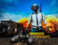 Odessa, Ukraine - May 12, 2019. Black playstation 4 gamepad on the background of the game PUBG.  PLAYERUNKNOWN`S BATTLEGROUNDS Royalty Free Stock Photo
