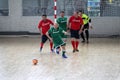 Odessa, Ukraine- May 29, 2020: Cup playoff match match in futsal among veterans 50+. Futsal on large stage of sports hall,