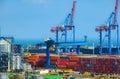 Odessa, Ukraine, May 4, 2019 - industrial seaport infrastructure, commercial dock and container warehouse, sea, cranes and cargo