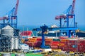 Odessa, Ukraine, May 4, 2019 - industrial seaport infrastructure, commercial dock and container warehouse, sea, cranes and cargo