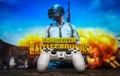 Odessa, Ukraine - May 13, 2019. White playstation 4 gamepad on the background of the game PUBG.  PLAYERUNKNOWN`S BATTLEGROUNDS Royalty Free Stock Photo