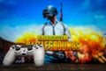 Odessa, Ukraine - May 13, 2019. White playstation 4 gamepad on the background of the game PUBG.  PLAYERUNKNOWN`S BATTLEGROUNDS Royalty Free Stock Photo