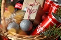 Odessa, Ukraine - November 10, 2021: Concept of gift with Christmas basket, close up