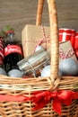 Odessa, Ukraine - November 10, 2021: Concept of gift with Christmas basket, close up