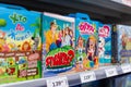 Odessa, Ukraine - November 9, 2021: Shelf of educational games from Ukrainian manufacturers. Logic toys on the shelves of the