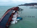 Odessa, Ukraine, November 22, 2019: Shipwreck. The ship crashed near the shore at sea. Cargo tanker. Port. Ecological