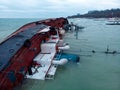 Odessa, Ukraine, November 22, 2019: Shipwreck. The ship crashed near the shore at sea. Cargo tanker. Port. Ecological