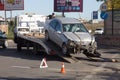 ODESSA, UKRAINE - October 16, 2019: Car accident, head-on collision. A tow truck loads a wrecked car after an accident. Traffic Royalty Free Stock Photo