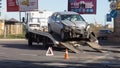 ODESSA, UKRAINE - October 16, 2019: Car accident, head-on collision. A tow truck loads a wrecked car after an accident. Traffic Royalty Free Stock Photo