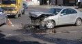 ODESSA, UKRAINE - October 16, 2019: Car accident, head-on collision. A tow truck loads a wrecked car after an accident. Traffic