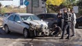 ODESSA, UKRAINE - October 16, 2019: Car accident, head-on collision. A tow truck loads a wrecked car after an accident. Traffic Royalty Free Stock Photo