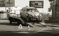 ODESSA, UKRAINE - October 16, 2019: Car accident, head-on collision. A tow truck loads a wrecked car after an accident. Traffic Royalty Free Stock Photo