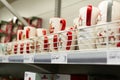 Odessa, Ukraine - October 7, 2021: Christmas mugs depicting Rudolph, Santa on the shelves of Metro Cash and Carry