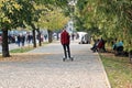 Odessa, Ukraine. October, 2018. Family Day. Parents` active leisure on foot with children in wheelchairs, roller skates, bicycles