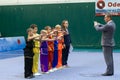 ODESSA, UKRAINE - October 1, 2019: Wushu athlete during the Wushu competition among children. Young athletes in competitions Royalty Free Stock Photo