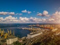 Odessa Ukraine sea port working. Eastern Europe. Aerial drone photo. seaport crane industrial infrastructure