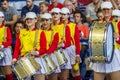 ODESSA, UKRAINE sept. 3,2017: Young beautiful athletic cheerleader girls with drums and pompoms entertain audience during break in