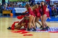 ODESSA, UKRAINE sept. 3,2017: Young beautiful athletic cheerleader girls with drums and pompoms entertain audience during break in