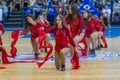 ODESSA, UKRAINE sept. 3,2017: Young beautiful athletic cheerleader girls with drums and pompoms entertain audience during break in