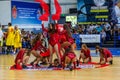 ODESSA, UKRAINE sept. 3,2017: Young beautiful athletic cheerleader girls with drums and pompoms entertain audience during break in