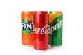 Odessa, Ukraine - September 23, 2021: Fanta, Sprite and Coca - Cola cans isolated on white background Royalty Free Stock Photo