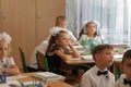 ODESSA UKRAINE - September 1, 2019: First call. 1 September is Day of Knowledge. Solemn school line, first grade, back to school. Royalty Free Stock Photo