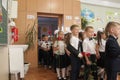 ODESSA UKRAINE - September 1, 2019: First call. 1 September is Day of Knowledge. Solemn school line, first grade, back to school. Royalty Free Stock Photo