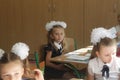 ODESSA UKRAINE - September 1, 2019: First call. 1 September is Day of Knowledge. Solemn school line, first grade, back to school. Royalty Free Stock Photo