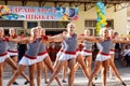 Odessa, Ukraine - September 1, 2015: School line is in schoolyard. The Knowledge Day in Ukraine, School dance group