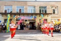 Odessa, Ukraine - September 1, 2015: School line is in schoolyard. The Knowledge Day in Ukraine, School dance group