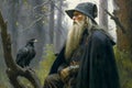 Odin Skandinavian god with his ravens Huginn, Muninn. Concept illustration. Sumarsdag holiday March 20th greeting card