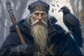 Odin Skandinavian god with his ravens Huginn, Muninn. Concept illustration. Sumarsdag holiday March 20th greeting card