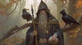 Odin Skandinavian god with his ravens Huginn, Muninn. Concept illustration. Sumarsdag holiday March 20th greeting card Royalty Free Stock Photo