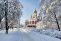 St. George Church in Odintsovo Framed by Trees Covered Snow Royalty Free Stock Photo