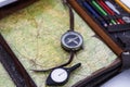 . odometer in focus. military commander& x27;s bag with a compass. map for the route. there is toning Royalty Free Stock Photo