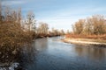 Odra river with view tower on tha background on czech-polish borders near Bohumin and Chalupki cities Royalty Free Stock Photo