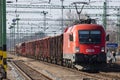 OEBB Austrian Railways cargo freight train with Siemens Taurus 1116 034-0 Locomotive at Lepseny railway train station