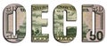 OECD Organisation for Economic Co-operation and Development Abbreviation Word 50 US Real Dollar Bill Banknote Money Texture on