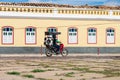 Oeiras, Brazil - Circa June 2019: Man riding a motorcyle with a loud speaker used for advertising