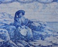 Portugal, Lisbon, Oeiras. Historical blue ceramic azulejo tile mural.