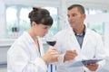 oenologist smelling wine colleague holding clipboard to note findings Royalty Free Stock Photo