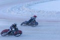Oernskoldsvik, Sweden - Januari 05,2019: Two ice racing drivers in a curve in a club competition race Royalty Free Stock Photo