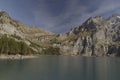 Oeschinen Lake with Bernese Alps with Bluemlisalp and mountain Doldenhorn, near Kandersteg Royalty Free Stock Photo