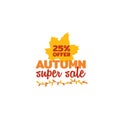 25% off autumn super sale typography with fall dry leaf twigs ornament vector illustration.