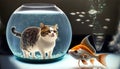 Off beat image. Fish looking curiously at a car that is inside a round fish tank.
